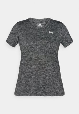 Rövid ujjú, V-nyakú sportfelső szürke-fekete melírozott anyagból. Bal mellrészen kis fehér logóval, sima, rugalmas textúrával.