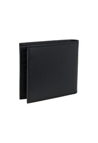 Cartera bifold de cuero negro, parcialmente abierta, mostrando múltiples ranuras para tarjetas, sobre un fondo blanco.