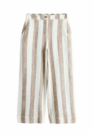 Wide-leg trousers with vertical beige and white stripes, front button, side pockets, and belt loops, made of lightweight fabric.