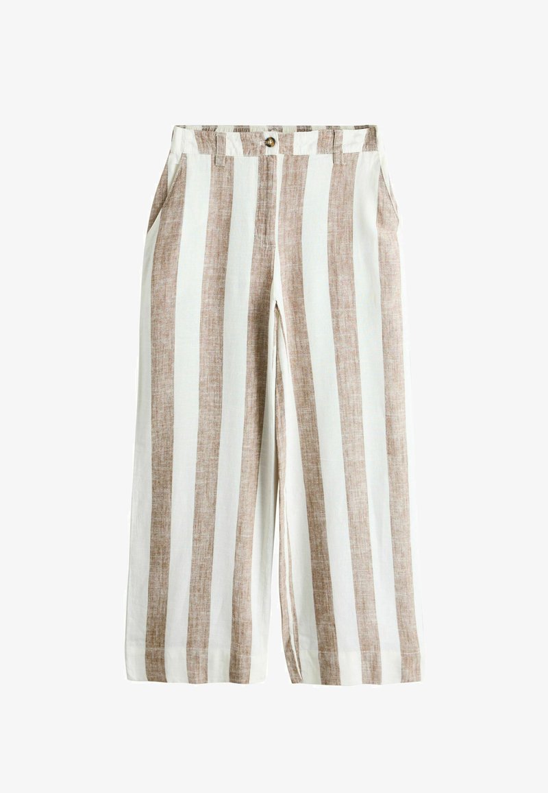 Wijde broek met verticale beige en witte strepen, voorzijde met knoop, zijzakken en riemlussen, gemaakt van lichtgewicht stof.