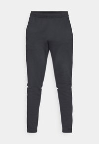 Black tapered athletic pants with an elastic waistband, smooth texture, reflective side accents, and ankle cuffs. Suitable for activewear.