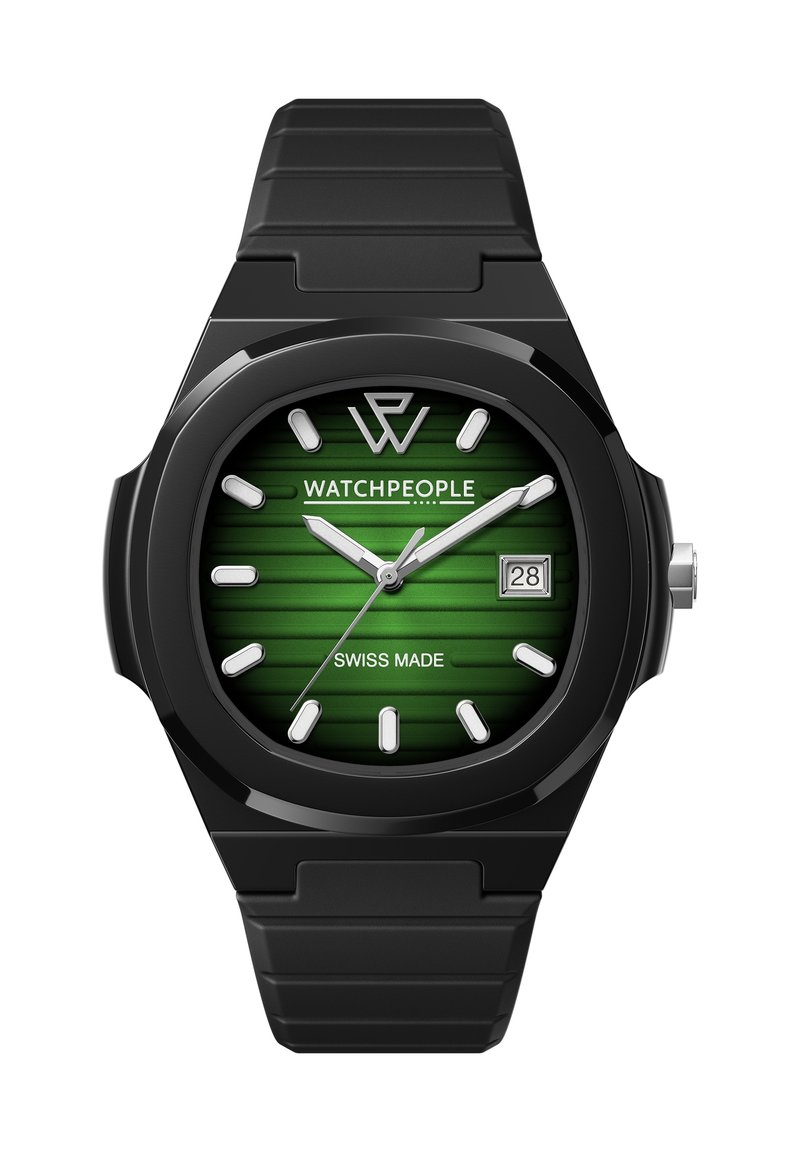 Black watch with a green striped dial, silver hour markers, and date display, featuring a black silicone strap and Swiss Made label.