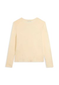 Camicia a maniche lunghe color crema con scollatura rotonda, mostrata da dietro su uno sfondo bianco.