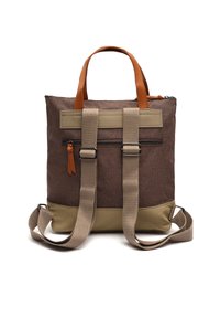 Rudas tekstilės kuprinė su odiniais akcentais, turinti dvi petnines juostas, viršutinę rankeną, priekinį užtrauktuką ir šviesiai rudą apatinę dalį.