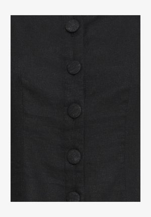 Close-up of black fabric with six covered buttons vertically aligned in the center.