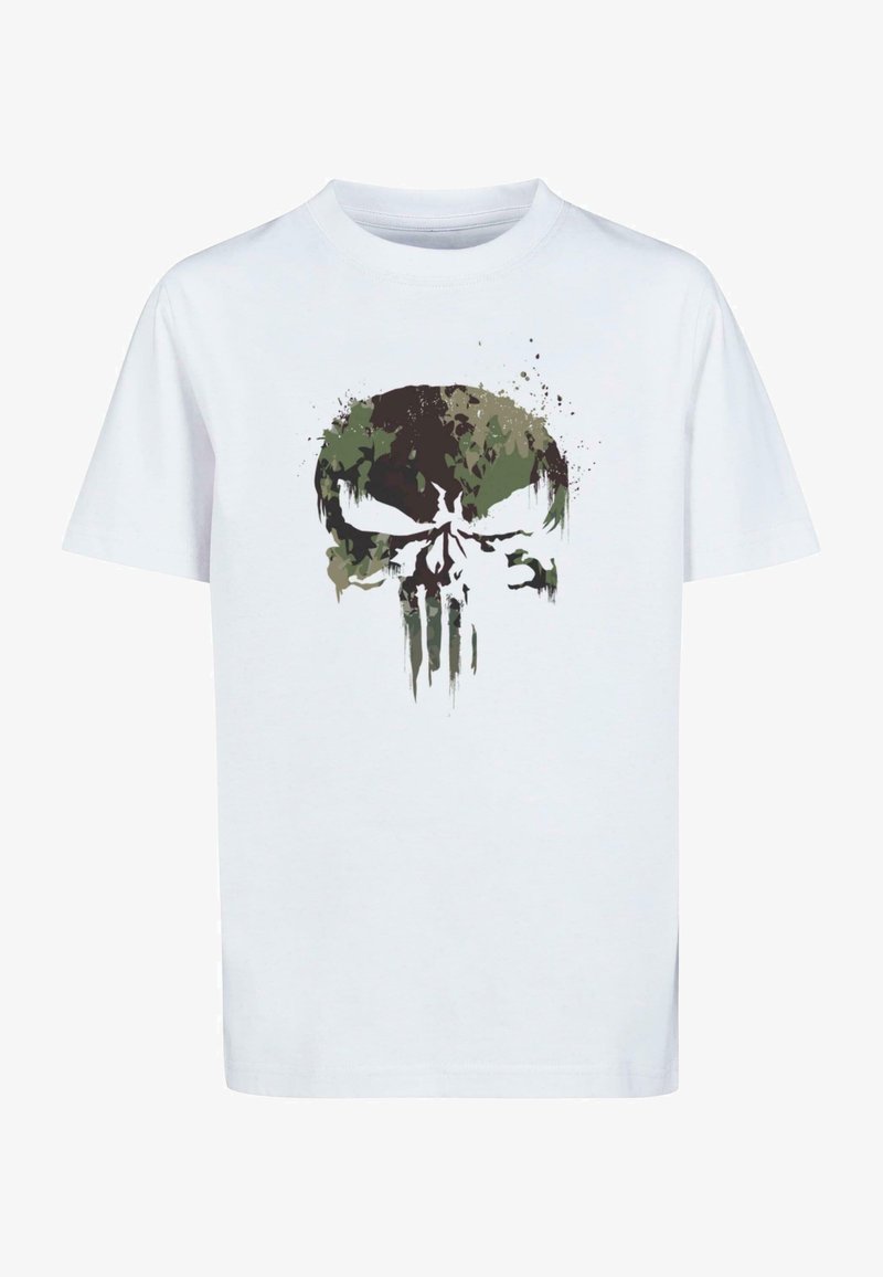 Witte katoenen T-shirt met een camouflage schedel grafiek in groen en zwart, met spetterdetails. Ronde hals, korte mouwen.