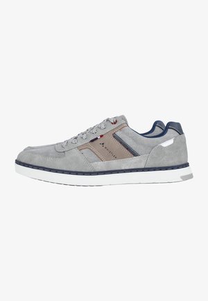Gray suede sneaker featuring a blue and tan accent, round laces, and a white rubber sole with textured detailing. Side logo visible.
