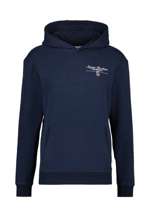 Navyblauwe hooded sweatshirt van zacht materiaal, met een voorkant kangaroo zak en een witte merklogo-print op de borst.