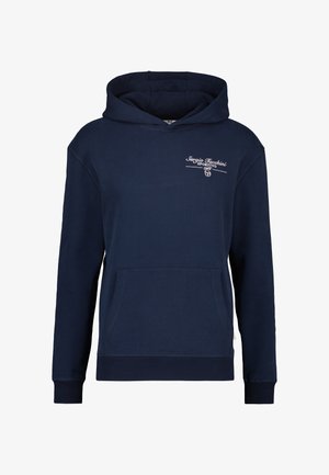 Marineblaue Kapuzenjacke aus weichem Stoff, mit einer vorderen Kängurutasche und einem weißen Markenlogo-Druck auf der Brust.