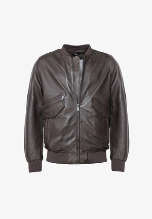 Dunkelbraune Leder-Bomberjacke mit Frontreißverschluss, zwei Reißverschluss- und Druckknopf-Taschen auf der Brust in schräger Anordnung sowie gerippten Bündchen und Saum.