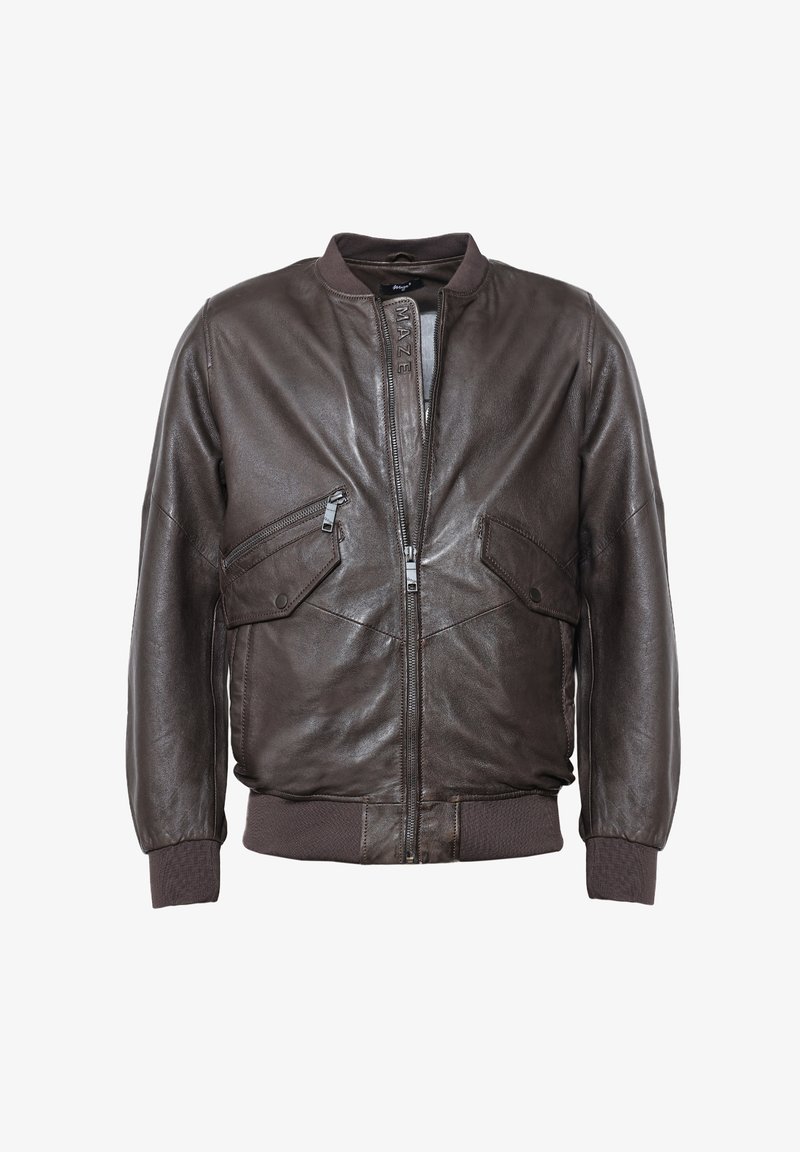 Donkerbruin leren bomberjack met een frontzipper, twee met rits en drukknoop sluitingen schuin geplaatste borstzakken, en ribgebreide manchetten en tailleband.