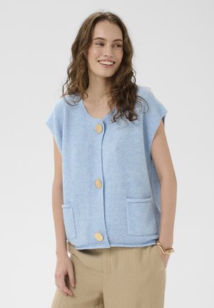 Hellblaues, gestricktes Weste mit rundem Ausschnitt, kurzen Ärmeln, vorderer Knopfleiste und zwei Taschen. Verfügt über Knöpfe aus Holz und eine weiche Textur.