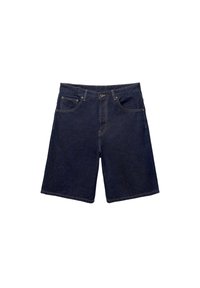 Short en jean bleu foncé, avec une conception à cinq poches, des passants de ceinture, et des coutures contrastantes. Coupe droite avec une texture lisse.