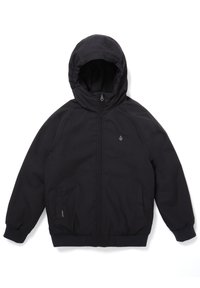 Zwarte hooded jas met een ritssluiting aan de voorkant, elastische manchetten en zijzakken. Gemaakt van duurzaam materiaal met een gladde afwerking. Bevat een klein logo.
