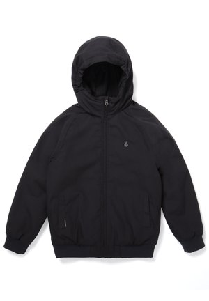 Schwarze Kapuzenjacke mit Frontreißverschluss, elastischen Bündchen und seitlichen Taschen. Hergestellt aus strapazierfähigem Stoff mit glatter Oberfläche. Verfügt über ein kleines Logo.