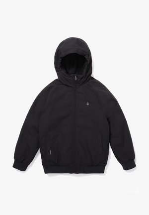 Giacca nera con cappuccio, zip frontale, polsini elasticizzati e tasche laterali. Realizzata in tessuto resistente con una finitura liscia. Presenta un piccolo logo.