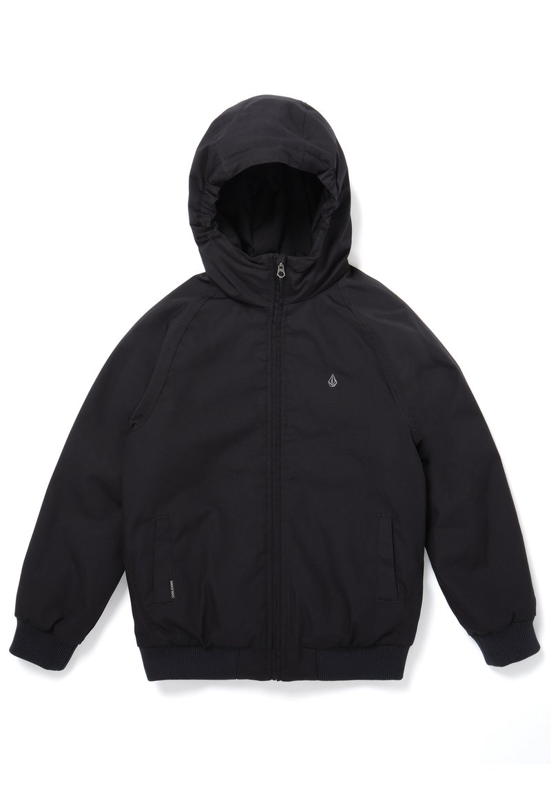 Zwarte hooded jas met een ritssluiting aan de voorkant, elastische manchetten en zijzakken. Gemaakt van duurzaam materiaal met een gladde afwerking. Bevat een klein logo.