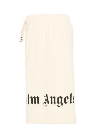 Shorts de couleur crème avec taille élastique et cordon de serrage, arborant le texte noir « Palm Angels » sur le bas à l'avant.