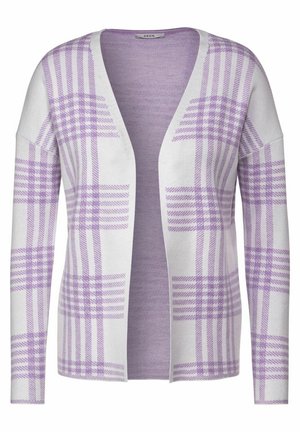 Lila und weiße kariertes Strickjacke mit tiefem V-Ausschnitt, langen Ärmeln und offener Front. Hergestellt aus weichem Strickmaterial.