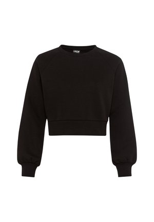 Černý zkrácený svetr s raglánovými rukávy, kulatým výstřihem a žebrovanými manžetami. Vyroben z měkké tkaniny pro pohodlí a snadný pohyb.