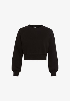 Černý zkrácený svetr s raglánovými rukávy, kulatým výstřihem a žebrovanými manžetami. Vyroben z měkké tkaniny pro pohodlí a snadný pohyb.