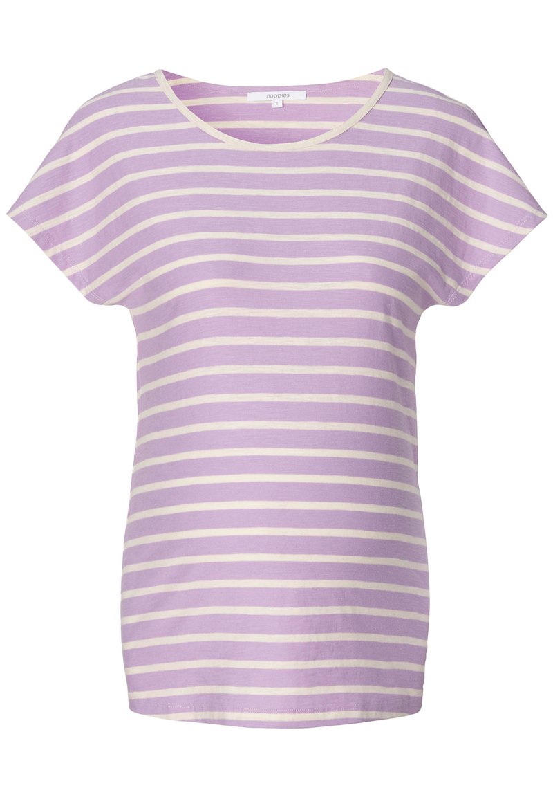 Camiseta de manga curta às riscas roxas e creme com decote redondo, feita de um tecido suave; apresenta um corte relaxado e um design simples.