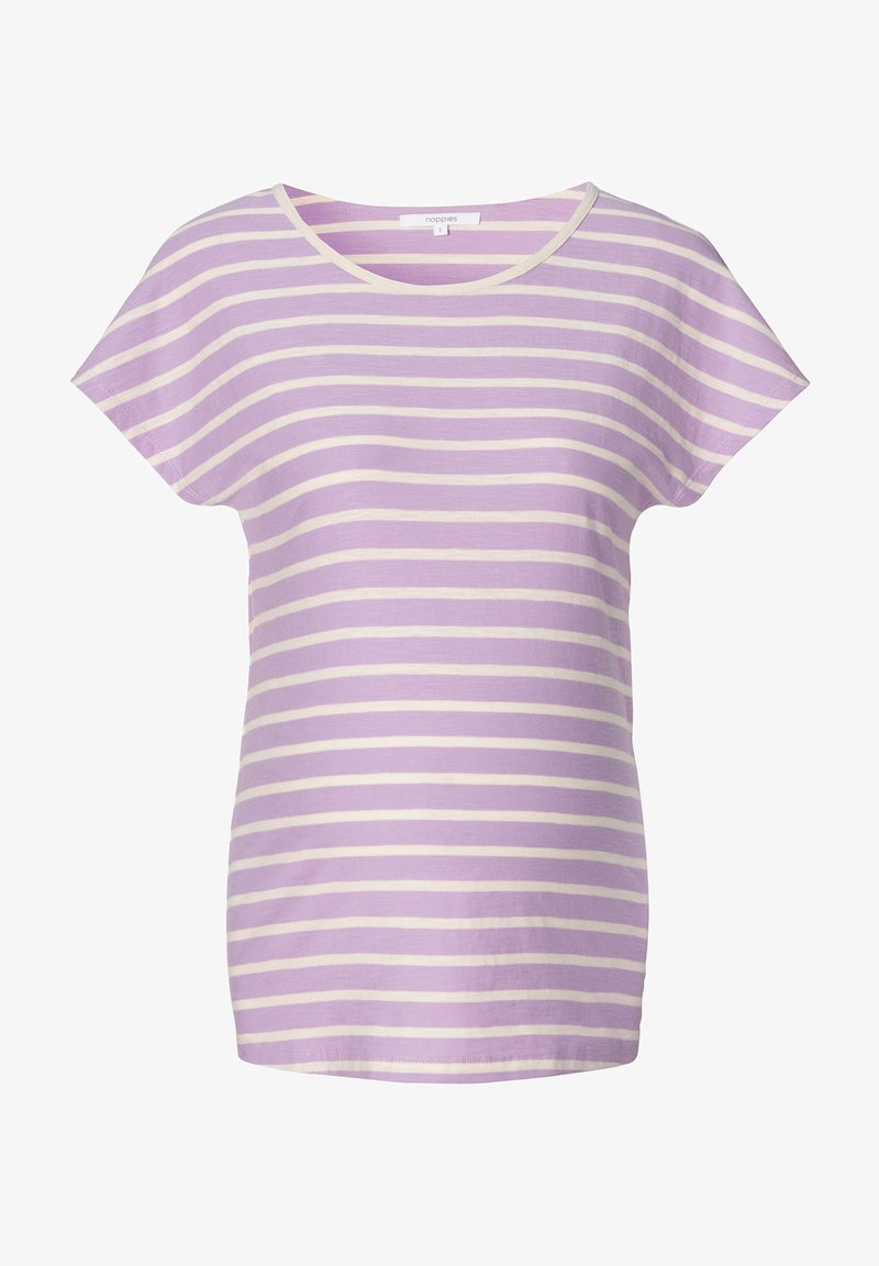 Camiseta de manga curta às riscas roxas e creme com decote redondo, feita de um tecido suave; apresenta um corte relaxado e um design simples.