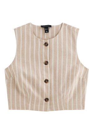 Gilet sans manches beige avec des rayures blanches verticales et quatre boutons ronds foncés sur le devant, en tissu léger.