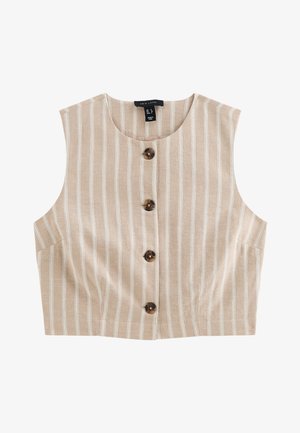 Gilet sans manches beige avec des rayures blanches verticales et quatre boutons ronds foncés sur le devant, en tissu léger.