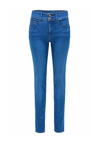 Jeans de denim azul con corte slim, talle alto, dos bolsillos frontales y cierre de dos botones. Textura suave con mínimos detalles de costura.