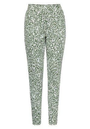 Pantaloni verdi con una fantasia a macchie bianche di leopardato, caratterizzati da un design aderente e una texture liscia. Nessuna tasca visibile o dettagli hardware.