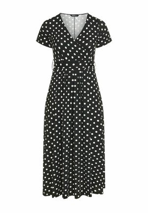 Zwarte midijurk met witte polka dots, korte mouwen, V-hals overslag voorpand, getailleerde taille en geplooide rok.