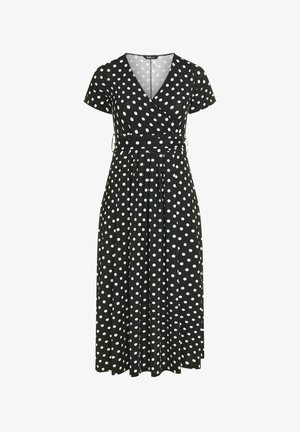 Zwarte midijurk met witte polka dots, korte mouwen, V-hals overslag voorpand, getailleerde taille en geplooide rok.