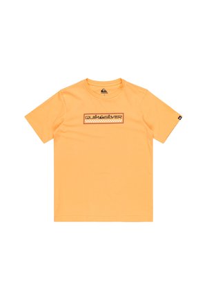 Oranges Baumwoll-T-Shirt mit Rundhalsausschnitt, das ein rechteckiges Quiksilver-Logo in Braun über der Brust trägt. Kurzärmlig und ohne Muster.