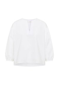 Weiße Langarmbluse mit V-Ausschnitt, Schlitz und elastischen Bündchen, lockere Passform und leicht abgerundetem Saum.