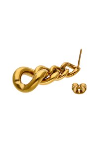 Cercei cu lanț în nuanță aurie, cu un design răsucit, având un conector tip cerc și o bază separată. Finisaj metalic neted și lucios.