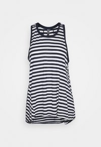 Top senza maniche a righe blu navy e bianche, con scollo rotondo, tessuto morbido, vestibilità comoda e tasche laterali. Dettaglio dell'orlo curvo nella parte inferiore.