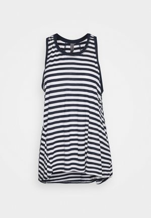 Haut sans manches rayé marine et blanc, avec un col rond, en tissu doux, coupe décontractée et poches latérales. Détail d'ourlet arrondi en bas.