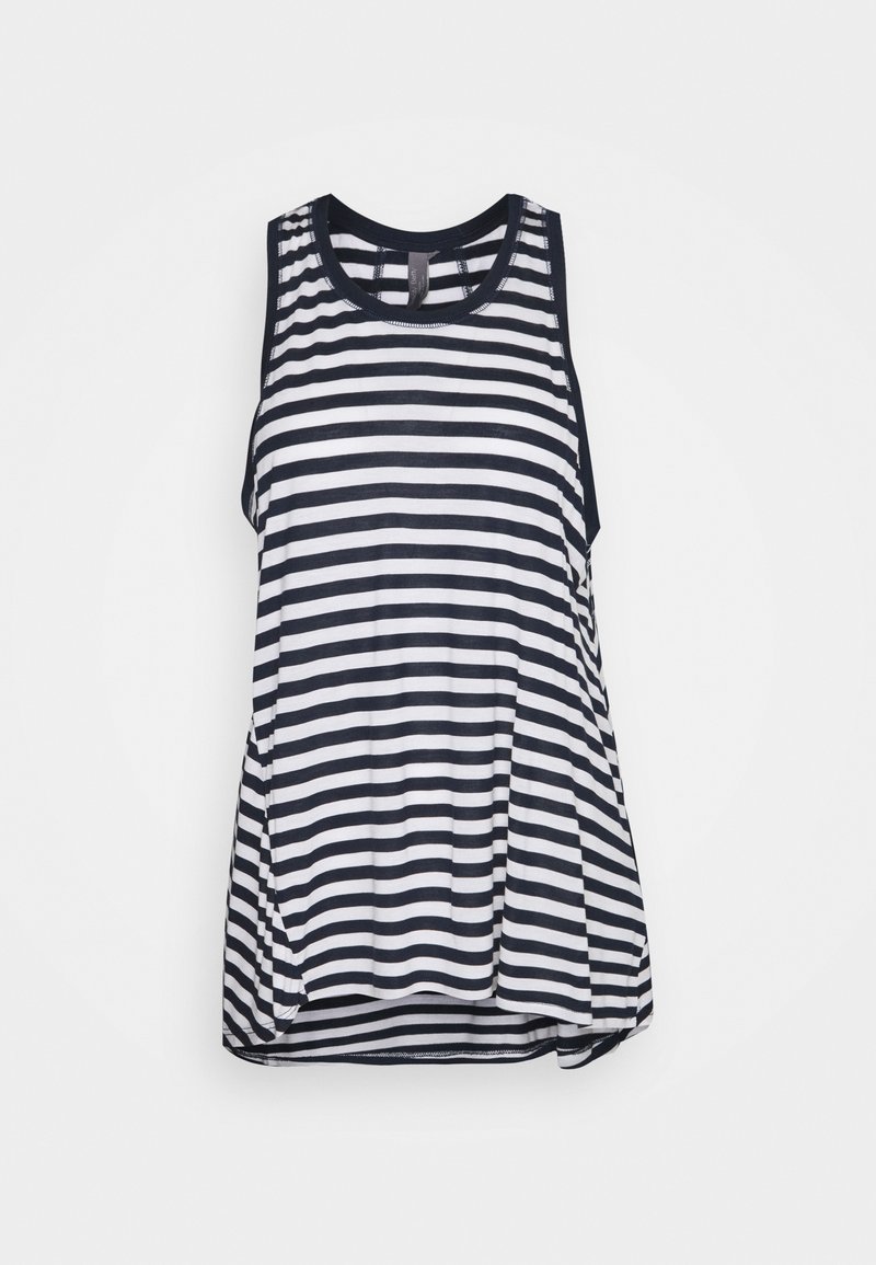 Top senza maniche a righe blu navy e bianche, con scollo rotondo, tessuto morbido, vestibilità comoda e tasche laterali. Dettaglio dell'orlo curvo nella parte inferiore.