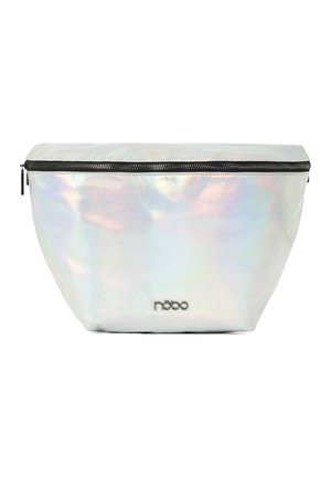 Iridescent kosmetiikkalaukku pyöreällä muodolla, sileällä pinnalla ja mustalla vetoketjulla. Etupuolella on pieni hopeinen logo.