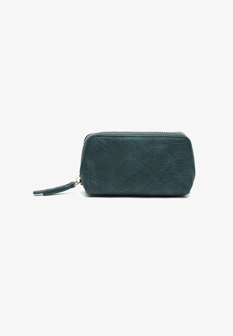 Borsetta zip in pelle textured verde scuro di forma rettangolare con una piccola linguetta in pelle per la zip.