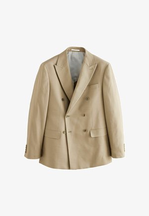 Beige double-breasted blazer with peak lapels, two front pockets, and brown buttons. Smooth fabric and structured shape. Lined interior.