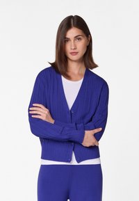 Blaues geripptes Strickjacke mit langen Ärmeln, V-Ausschnitt und Knopfverschluss. Über einem weißen Oberteil getragen, kombiniert mit passenden blauen Hosen. Weiche Textur.