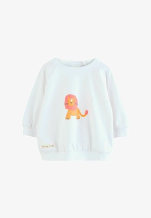 Felpa bianca a maniche lunghe, con una grafica colorata di un leone. Materiale morbido e orlo arricciato con etichetta "happy days" in fondo.