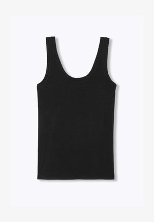 Débardeur noir en maille sans manches avec encolure dégagée et bords côtelés, présenté à plat sur un fond blanc.