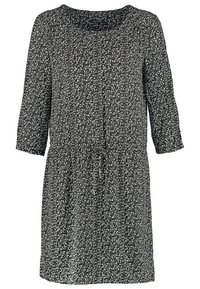 Schwarzes Kleid mit einem strukturierten, abstrakten weißen Muster. Dreiviertelärmel, runder Ausschnitt und verstellbarer Taillenzug. Lässige Passform.
