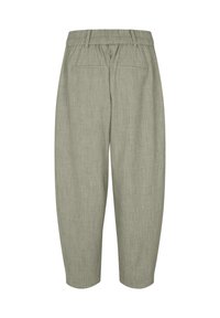 Pantaloni in misto lino di colore verde chiaro, con vita elasticizzata, due tasche posteriori e gamba affusolata, caratterizzati da una finitura testurizzata.