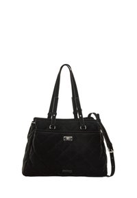 Borsa a tracolla nera trapuntata con doppi manici e una tracolla staccabile. Presenta una chiusura argento e un logo impresso sul davanti.