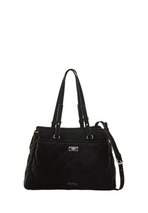 Borsa a tracolla nera trapuntata con doppi manici e una tracolla staccabile. Presenta una chiusura argento e un logo impresso sul davanti.