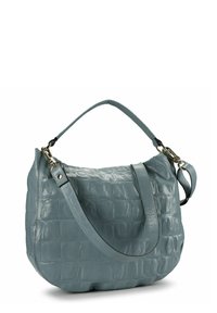 Borsa in pelle grigia con motivo coccodrillo, forma arrotondata, manico corto per la spalla e tracolla lunga staccabile. Accessori in metallo argentato.